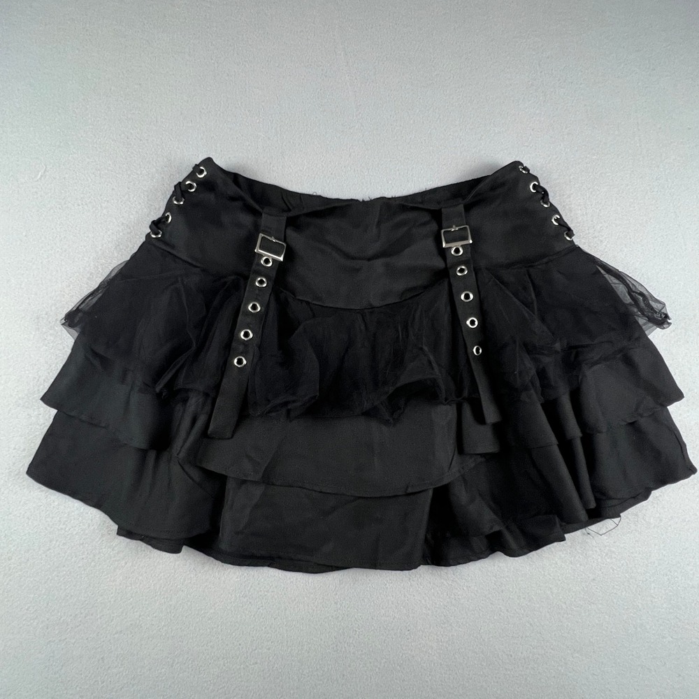 Hot Topic Mini Skirt Womens MD Black Tiered Goth Punk Mesh Buckle Lace Up Emo